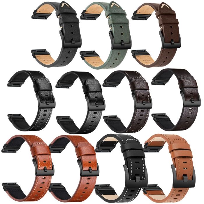 Essentials Læderrem med sort spænde til Garmin 22 mm. QuickFit